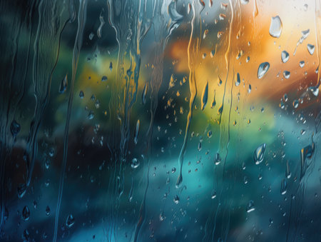 Rain drops on window glass with colorful bokeh background, close upの素材