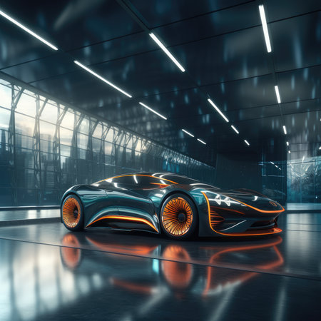 3D rendering of a concept car in a futuristic space. 3D rendering.の素材