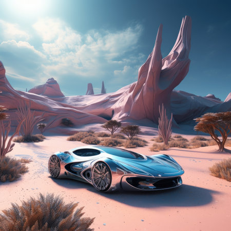 3D rendering of a sports car in the desert at sunset.の素材