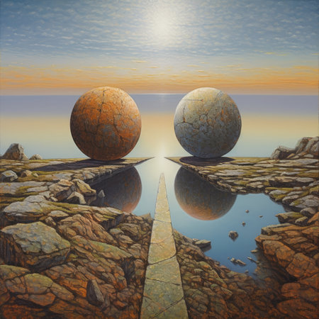 Concept or conceptual 3D illustration of a stone path leading to the sea or ocean at sunsetの素材