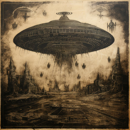 UFO flying over the city on a grunge paper background.の素材