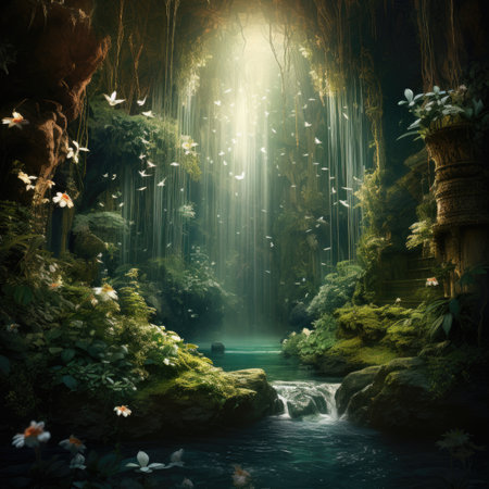 3d rendering of a waterfall in a fantasy forest with white flowersの素材