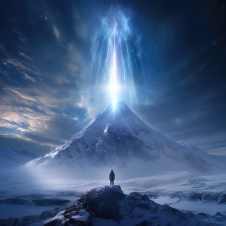 Man standing on top of the mountain and looking at the light in the skyの素材