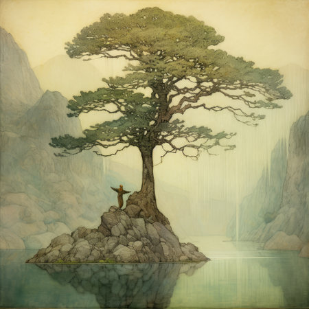 A man standing on a rock with a tree in his hand.の素材