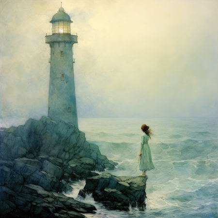 Lighthouse in the sea. A girl in a long dress stands on a rock by the sea.の素材