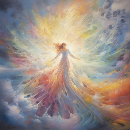 Beautiful woman in the rays of the sun. Portrait of a girl in a long white dress on a background of clouds.の素材
