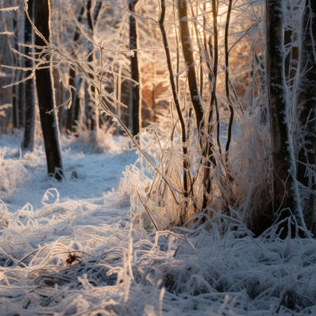 Hoarfrost on trees in winter forest at sunset. Beautiful winter landscapeの素材