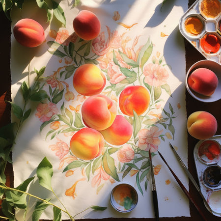 Painting with apricots and paintbrushes on a tableの素材