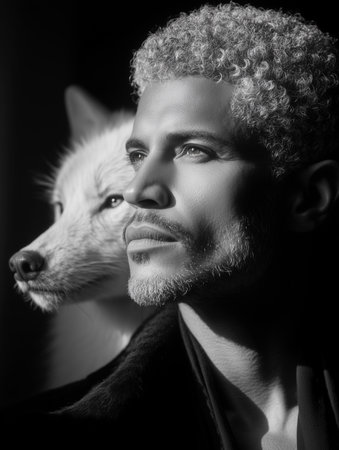 Black and white portrait with wolf. Cinematic black and white portrait of a man and a wolf, dramatic light, emotional expression, artistic fine-art photography mood.の素材