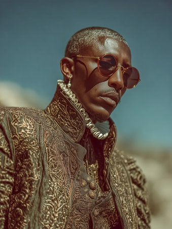 Portrait of an elegant man in a richly embroidered royal coat, cinematic sunlight, fashion editorial style, regal and timeless aesthetic.の素材