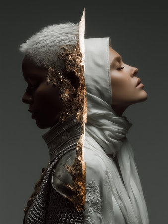 Surreal dual portrait of two people divided by golden line, wearing white and metallic armor, symbolism of contrast and unity.の素材