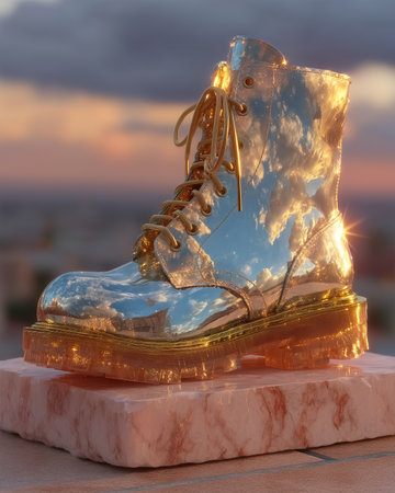 Golden glass boot reflecting sunset sky, surreal still life with marble base, futuristic fashion object in luxury light.の素材