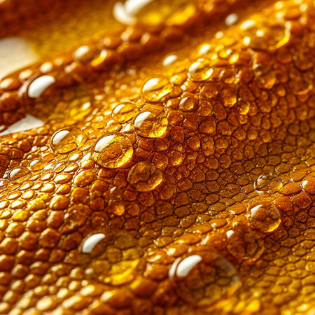 Close-up texture of golden surface with water droplets, realistic macro shot, bright shimmering background with organic pattern and soft light.の素材