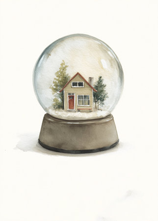 Nordic Holiday Illustration â Snow Globe with Tiny Houseの素材