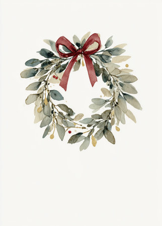 Nordic Holiday Illustration â Green Wreath with Bowの素材
