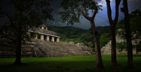 Starry sky over the ruins and pyramids in the ancient city of Palenque, Mexicoの写真素材