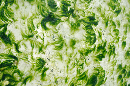 Abstract patterns of bright green algae on the beach of the island of Boracay. Philippines.