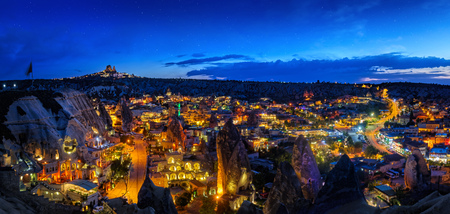 Panoramic view of the ancient city of Goreme at sunset in Cappadocia, Central Anatolia, Turkeyの写真素材