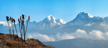 Group of trekking sticks on background mountains range in Himalaya (Upper Mustang). Panoramic view.Beautiful inspirational landscape, trekking and activity.の写真素材