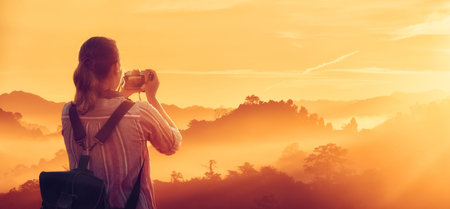 Woman traveler with backpack enjoying sunrise views in rainforest. Myanmar, Asia. Panoramic view....