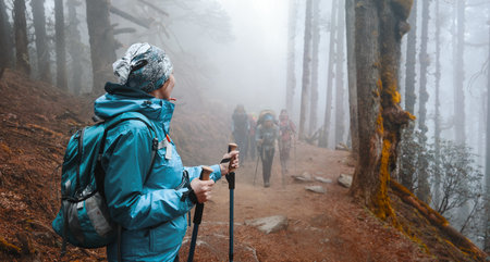 Young female hiker with a backpack looking at a group of fellow hikers walking in the background on...