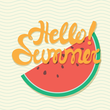Hello summer lettering with conceptual marine background, wave pattern, watermelon. Hello summer poster in white, yellow colorのイラスト素材