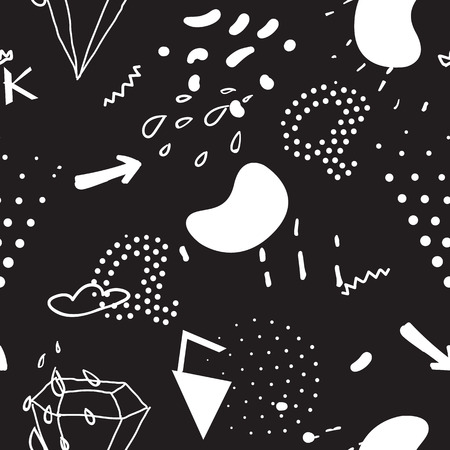 Simple seamless doodle pattern in kitsch, primitivism, minimal style. Unusual seamless pattern with briliant, letter, heart, rain, background, handdrawing doodle. Perfect patterrn for clothers, design in 1990s, 1980s styleのイラスト素材