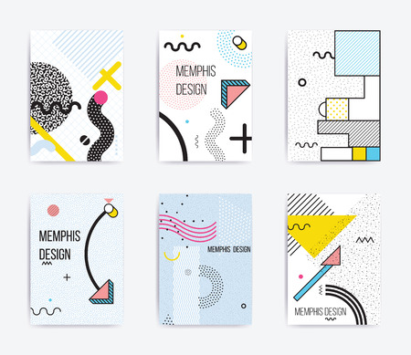 Colorful trend Neo Memphis geometric poster set juxtaposed with bright bold blocks of color zig zags, squiggles, erratic images. Design background elements composition. Magazine, leaflet, billboardのイラスト素材
