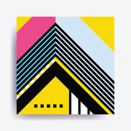 Colorful trend Neo Memphis geometric pattern juxtaposed with bright bold blocks of color zig zags, squiggles, erratic images. Design background elements composition. Magazine, leaflet, billboardのイラスト素材