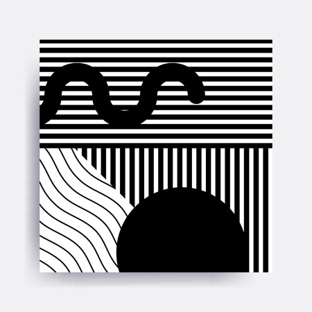 black and white Neo Memphis geometric pattern juxtaposed with bold blocks of zig zags, squiggles, erratic images. Design background elements composition. Magazine, leaflet, billboardのイラスト素材