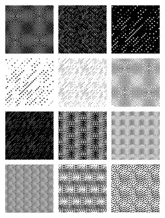 Monochrome universal geometric vector seamless patterns set in elegant pointillism style. Repeating abstract circles gradation in black and white. Modern halftone circle design, pointillismのイラスト素材