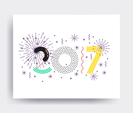 2017 New Year design, eye catching banner. Bright colorful vector memphis illustrations for greeting card, posters, print, mobile phoned designs, ads, promotional material Yellow Black White Greenのイラスト素材