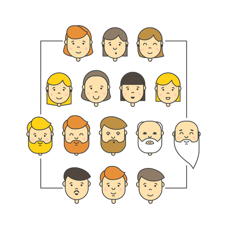Colorful linear vector big icons collection of people. Flat avatar man and woman different agesのイラスト素材