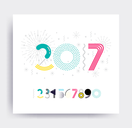 2017 New Year design, eye catching color vector memphis illustrations for greeting card, posters, print, mobile phoned designs, ads, promotional material in acid colors. All numeralsのイラスト素材