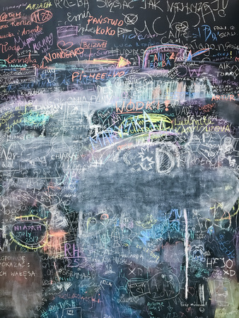 Back to school. Background with children scribbles painted by colorful chalkの写真素材