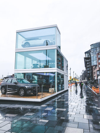 Cars Volvo in glass boxes on the street, Oslo, Norway
