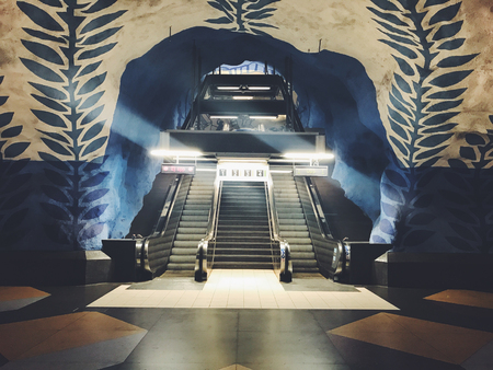 T-Centralen tunnelbanestation Underground. Blue line, central station of the Subway Stockholm, Swedenのeditorial素材