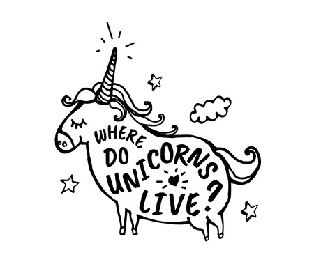 Where do unicorns live. Vector cartoon sketch illustrationのイラスト素材