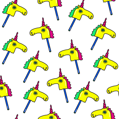 Unicorns Fantasy Vector seamless pattern. Horse on a stick Trendy fashion background in cartoon 80s-90s comic style for youth Clothes Textile Fabricの写真素材