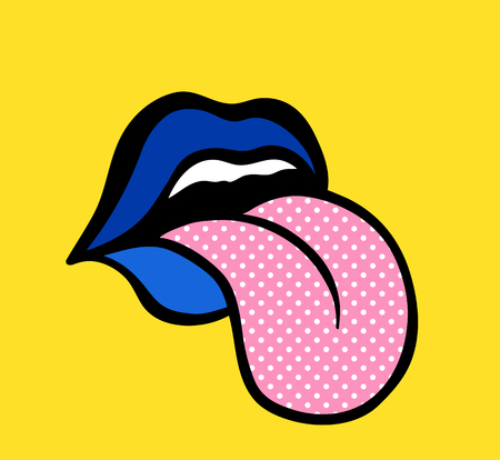 Pop art vector speaking red lips. Sexy woman s Half-open mouth, licking, tongue sticking out, conversation. Isolated on color squareのイラスト素材