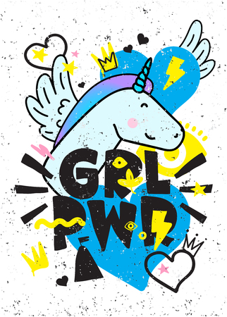 GRL PWR short quote. Girl Power cute hand drawing illustration for print, brochure, greeting card, bag, clothing. To stick on laptop, phone, wall. Modern motivational text, feminist tattoo trendのイラスト素材