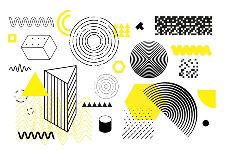 Universal trend halftone geometric shapes set juxtaposed with bright bold yellow elements composition. Design elements for Magazine, leaflet, billboard, saleのイラスト素材
