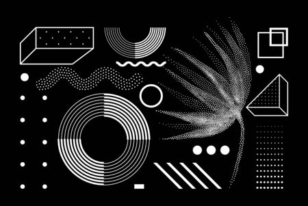 Universal trend halftone geometric shapes set juxtaposed with bright bold yellow elements composition. Design elements for Magazine, leaflet, billboard, saleのイラスト素材