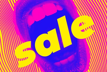 Open Screaming Mouth On A Striped Background. Bright vector collage with universal graphic Elements, Geometric Shapes, Dotted Halftone Object for your designのイラスト素材