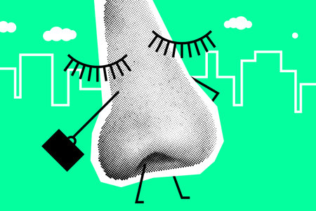 Human Nose Like Worker Is Going To Work. Vector Collage Illustration Against The Background Of The Cityのイラスト素材