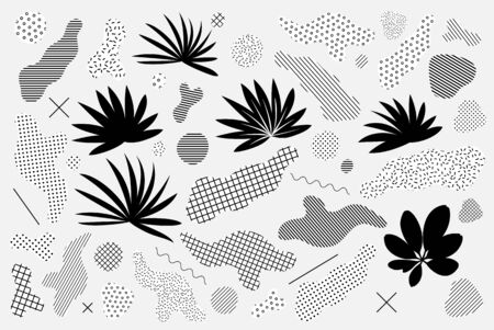 Universal trendy graphic elements set juxtaposed with bright bold floral composition. Design shapes for Magazine, leaflet, billboard, saleのイラスト素材