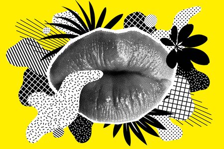 Bright vector collage of universal graphic Elements, Geometric Shapes, Dotted Halftone Objects in Fanzine style for your designのイラスト素材