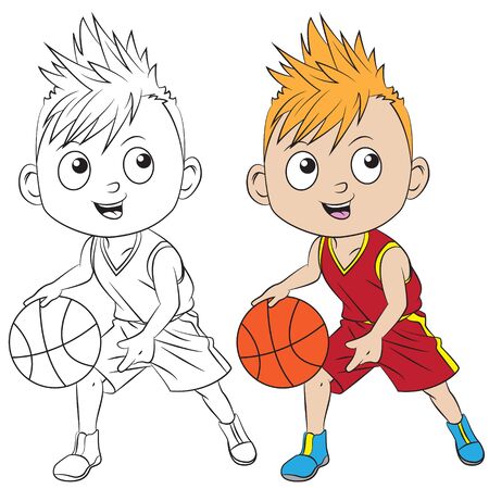 Cartoon boy playing basketball. Both in separate layers for easy editing and coloringのイラスト素材