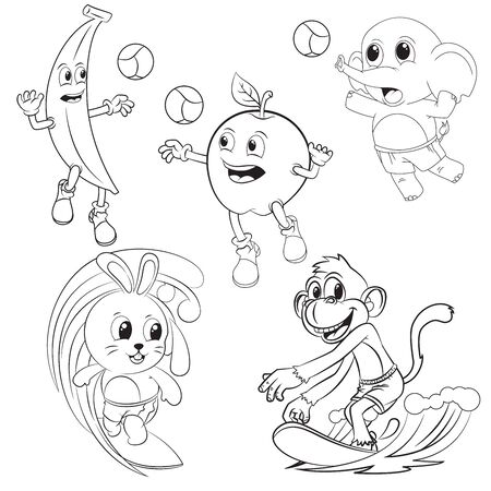 animal and fruit cartoon collection playing volleyball and surf for coloring bookのイラスト素材