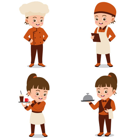 Set of Happy Kids Wearing Restaurant Uniformsのイラスト素材